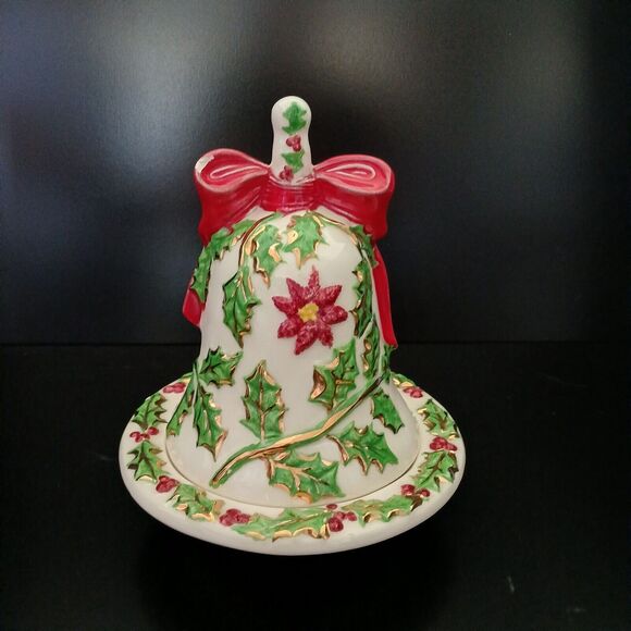 Holiday Bell 9" Candy Dish Vintage 1970's Christmas Ceramic Seasons Greetings - Picture 4 of 14